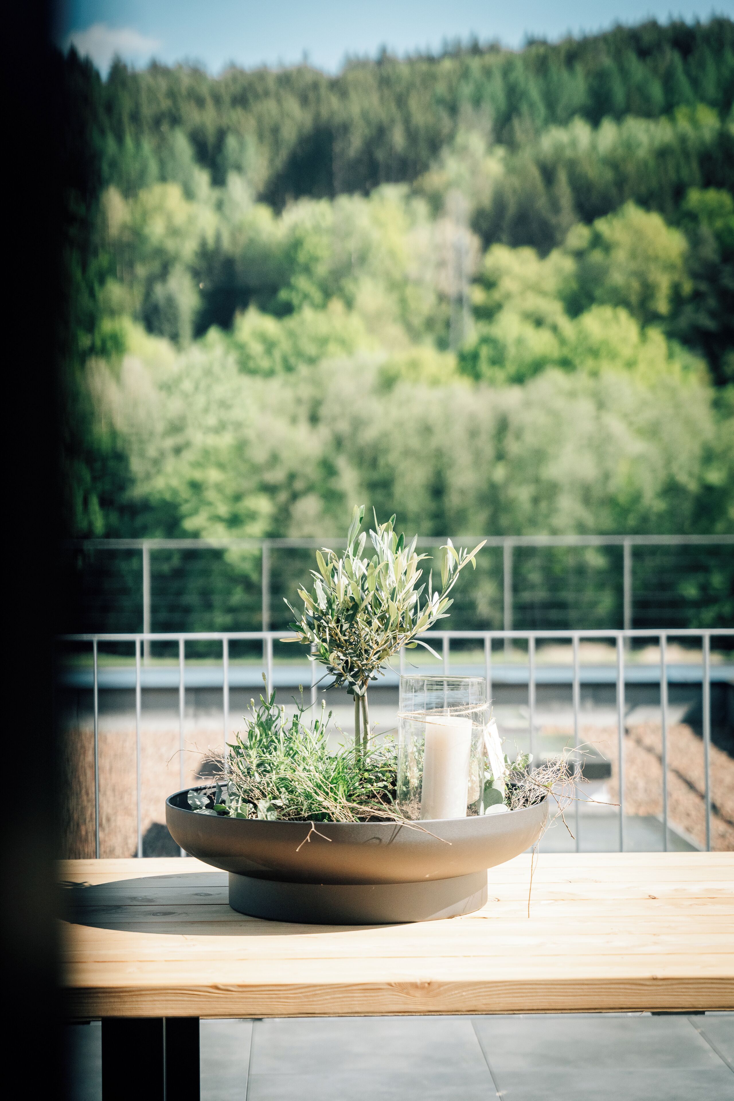 A table with a potted plant and a glass of water on a balcony with a view of a forested area.