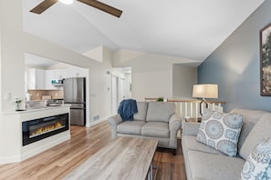 TV, fireplace, books