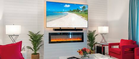 Smart TV, fireplace, video games, stereo