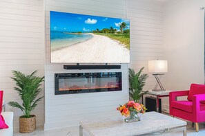 Smart TV, fireplace, video games, stereo