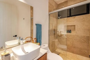 Hair dryer, towels, soap, toilet paper