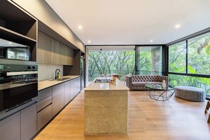 Fridge, microwave, oven, stovetop