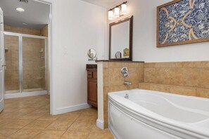 Jetted bath, hair dryer, towels, soap