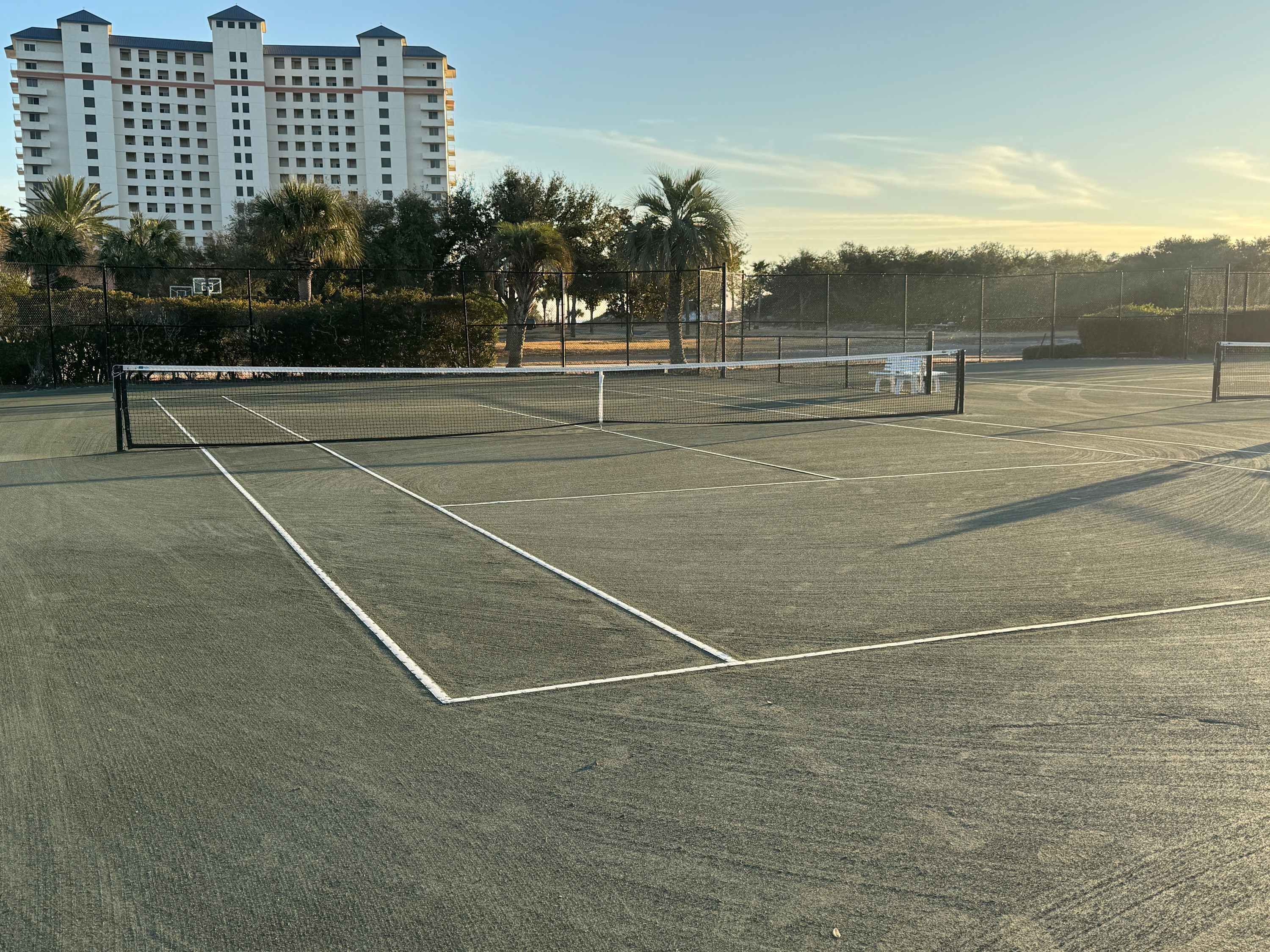 Cancha de tenis con red, rodeada por una cerca y palmeras.