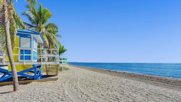 A beach with a lifeguard tower, palm trees, and a clear blue sky. - Waves on Desoto Beautiful Studio (Hollywood)