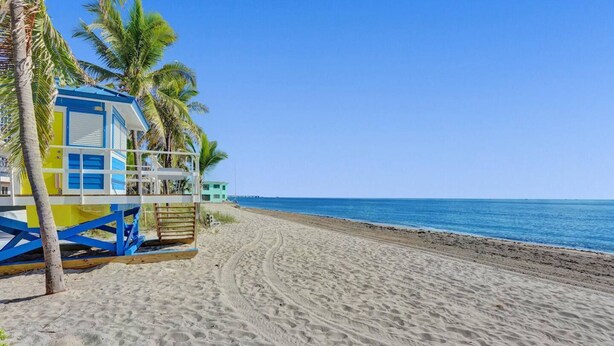 Une plage avec une tour de surveillance, des palmiers et un ciel bleu dégagé.