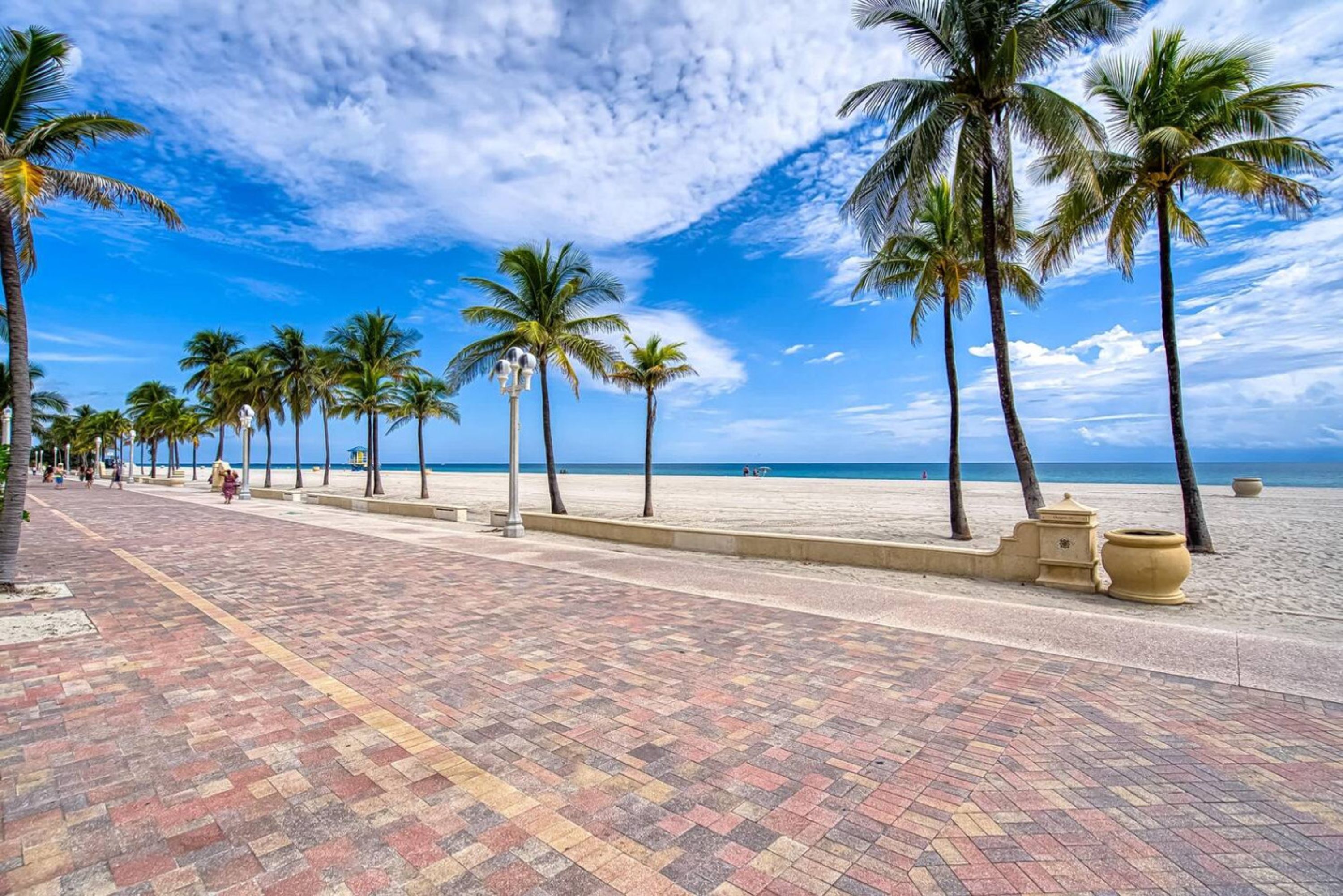 A paved walkway lined with palm trees and a beach in the background.