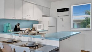 A modern kitchen with white cabinets, a blue countertop, and a built-in microwave.