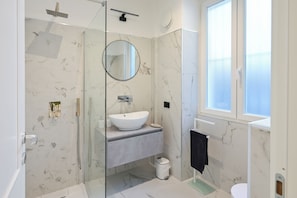 Shower, hair dryer, bidet, towels
