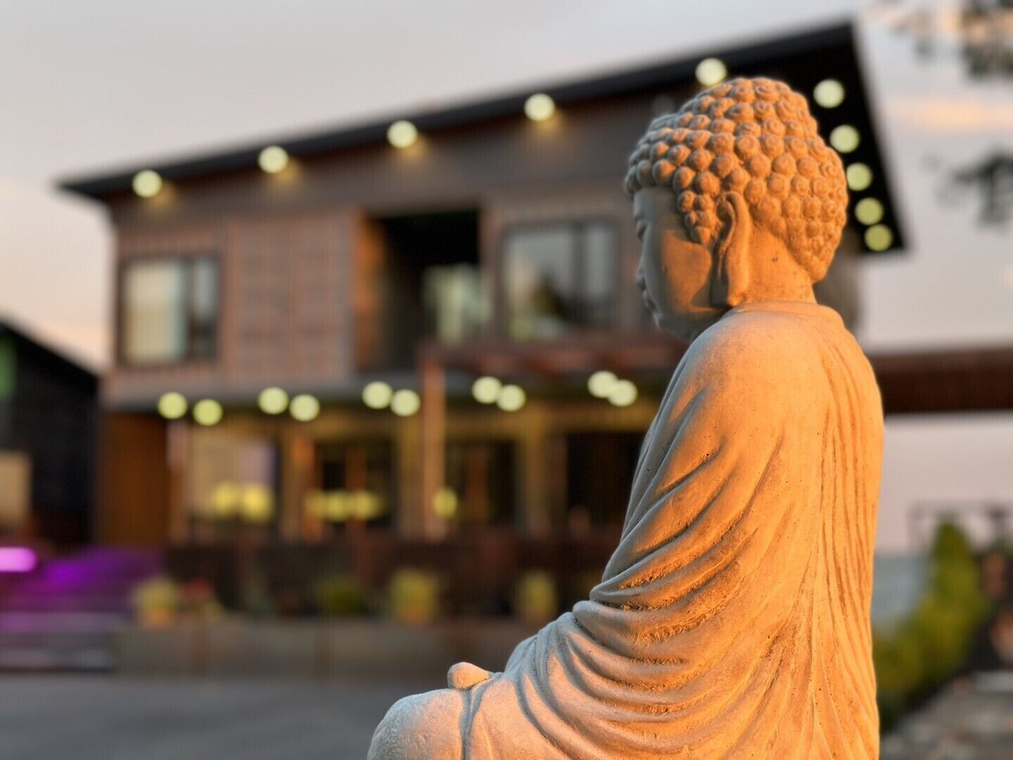 A statue of a seated figure in front of a modern building with multiple windows and lights.