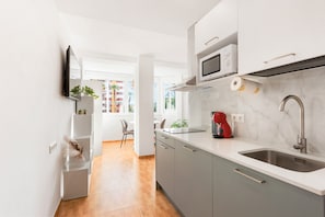 Frigorífico, microondas, horno y placa de cocina