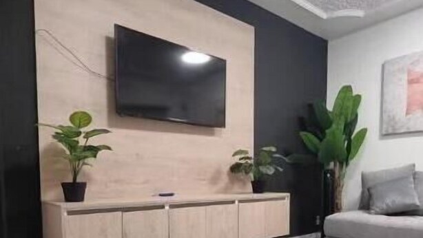 A living room with a flat-screen TV mounted on a wooden cabinet, a grey sofa, and a patterned rug.
