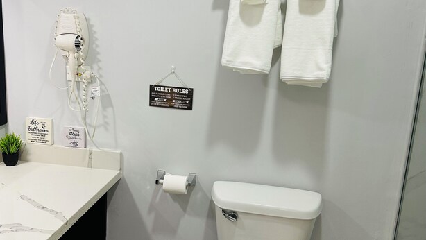 Un baño con inodoro, secamanos, cubo de basura y toallero con dos toallas.