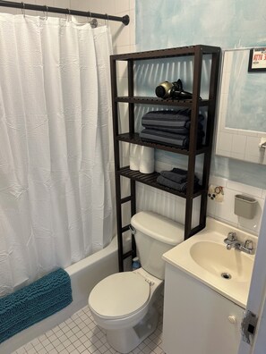 Séchoir à cheveux, serviettes fournies, savon, papier de toilette