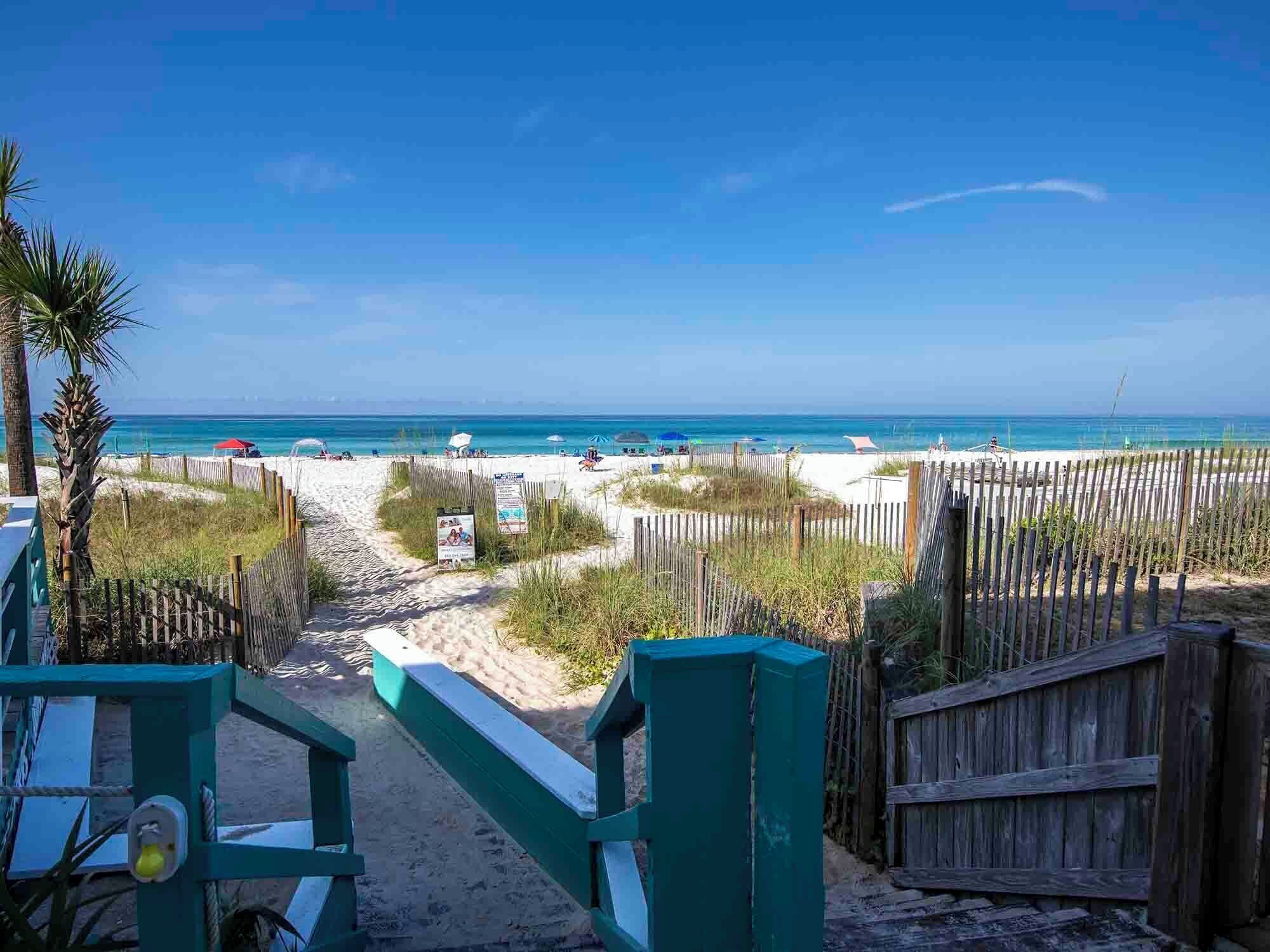 A beach pathway leading to a sandy beach with a wooden fence and palm trees.