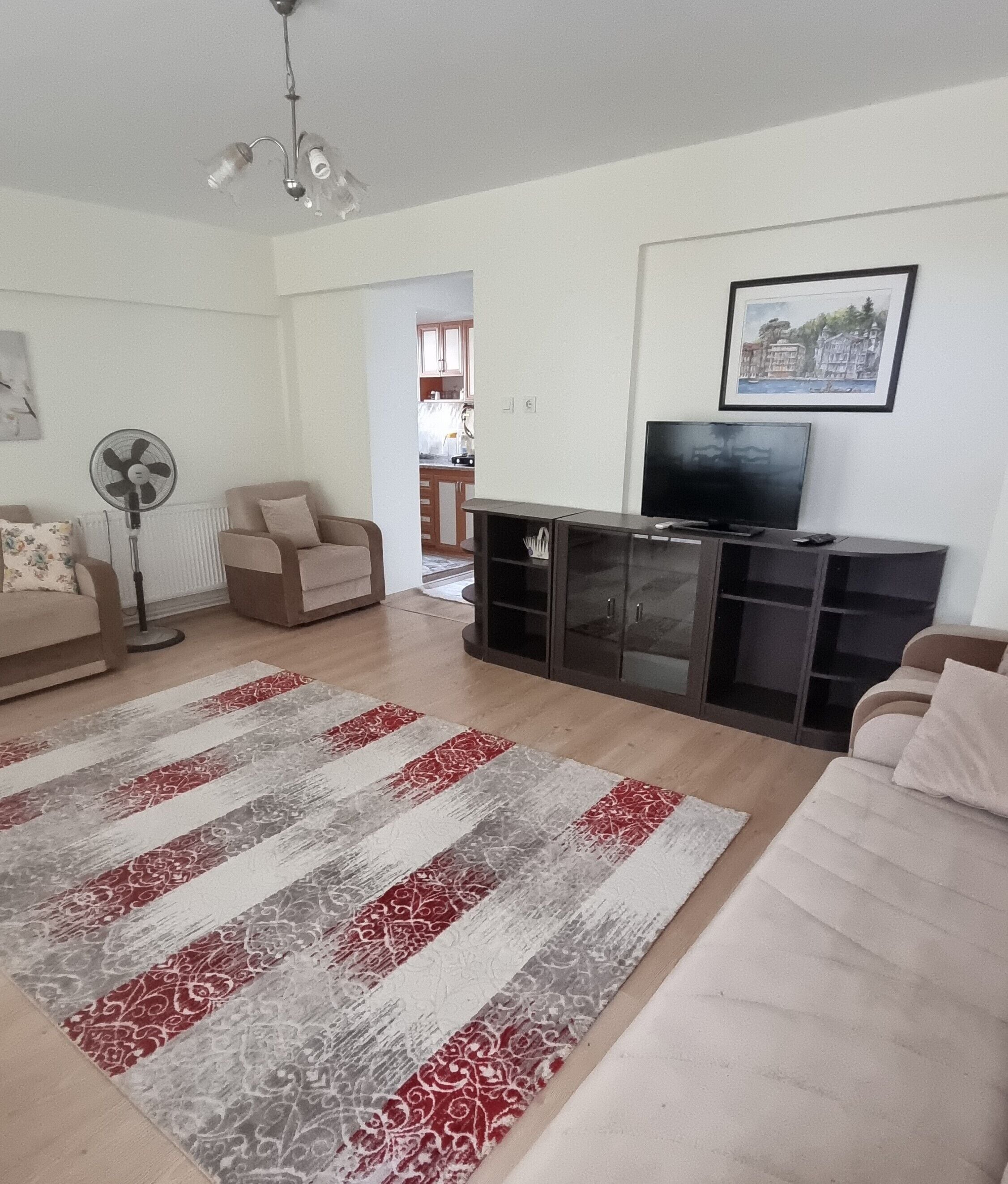 A living room with a large rug, a sofa, a TV stand, and a fan.
