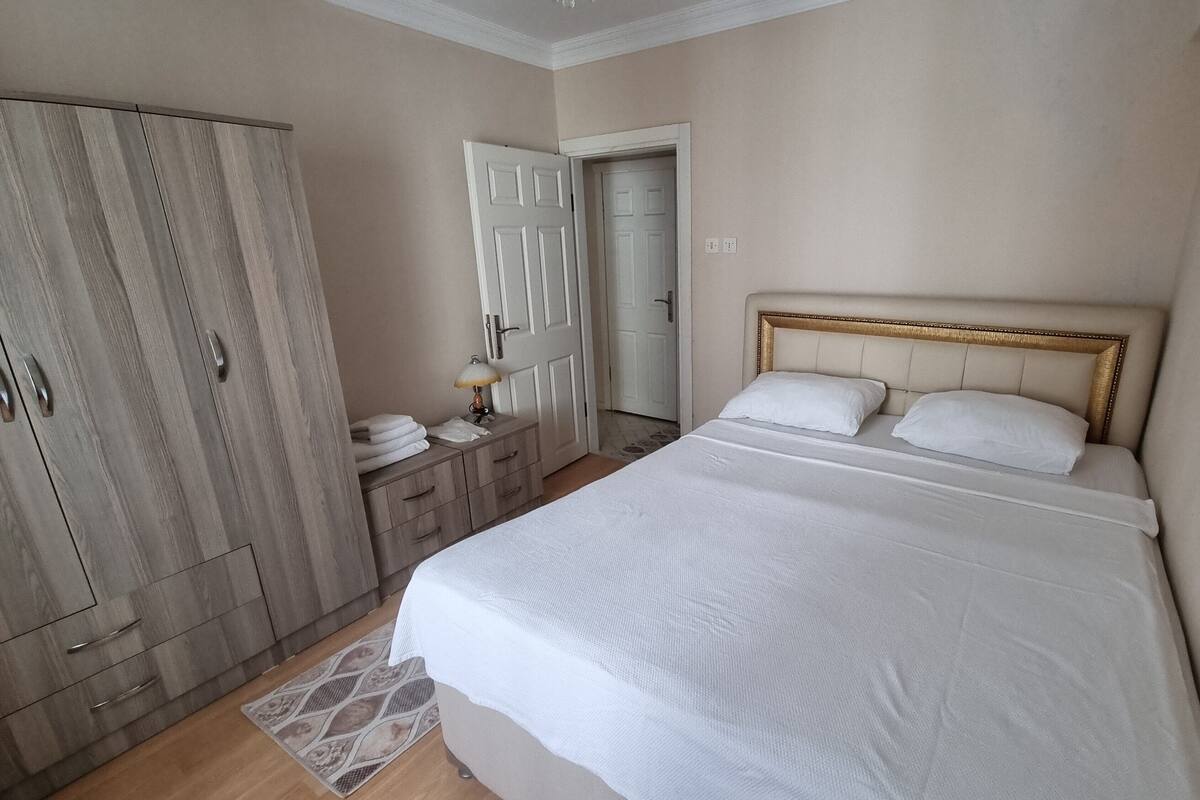 A bedroom with a bed, a wardrobe, a nightstand, and a door.