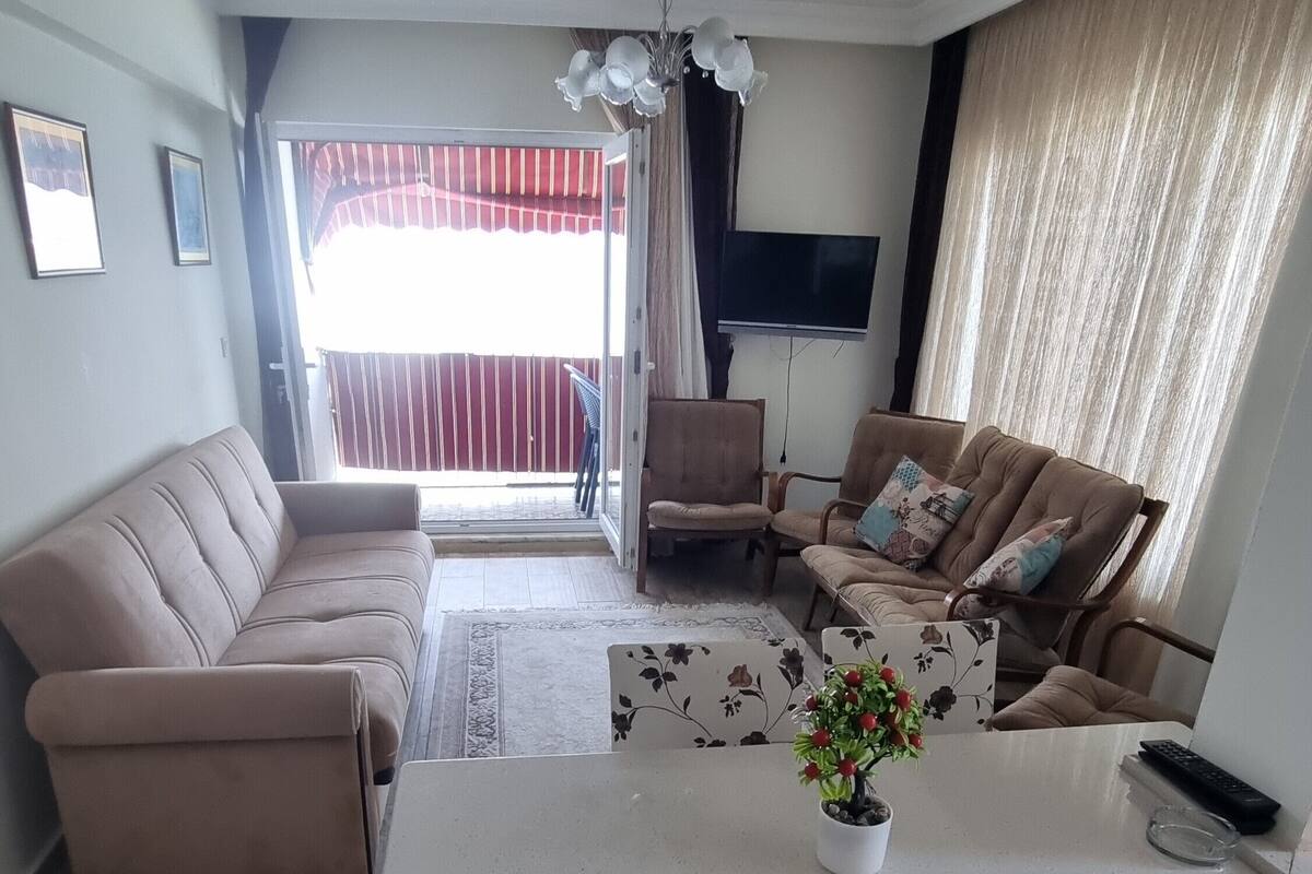 A living room with a sofa set, a dining table with chairs, a TV, and a potted plant.