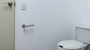 A small, white bathroom with a wooden floor, a white toilet, and a door with a silver handle.