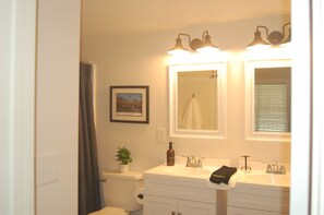 Hair dryer, towels, soap, shampoo