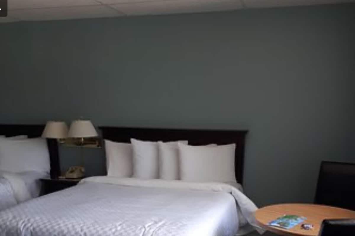 Une chambre d’hôtel avec un grand lit, une table de chevet avec une lampe, une petite table avec un magazine et une chaise.