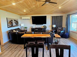 Télévision, cheminée, lecteur de DVD, livres