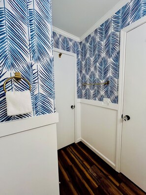 Hair dryer, towels, soap, toilet paper