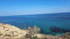 Eine Küstenlandschaft mit klarem, blauem Meer, Sanddünen und vereinzelter Vegetation.