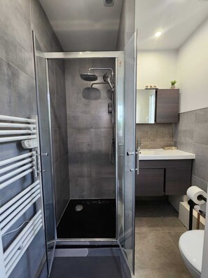 Séchoir à cheveux, serviettes fournies, papier de toilette