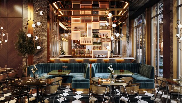 Een barruimte met een geruite vloer, zitplaatsen met ronde tafels, en een bar met flessen op de planken.