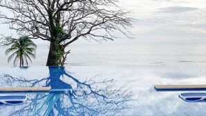A poolside view with a tree and a palm plant, reflecting in the water. - Ocean View 3 bed, 3 bath. Private pool. Steps to the beach in gated community (Peadsi)