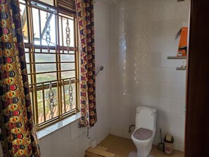 Hair dryer, bidet, soap, toilet paper