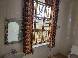 Hair dryer, bidet, soap, toilet paper