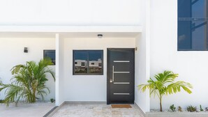 Une entrée moderne avec une porte sombre, un paillasson et des plantes en pot.