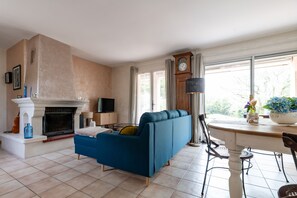 Televisión, chimenea y reproductor de DVD