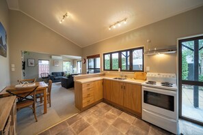 Fridge, microwave, toaster, cookware/dishes/utensils