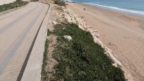 A coastal road leading to a beach with a modern building on the left. - Beachfront Studios for couples, digital nomads, and surfers  in Tamraght, Aourir (awrir)