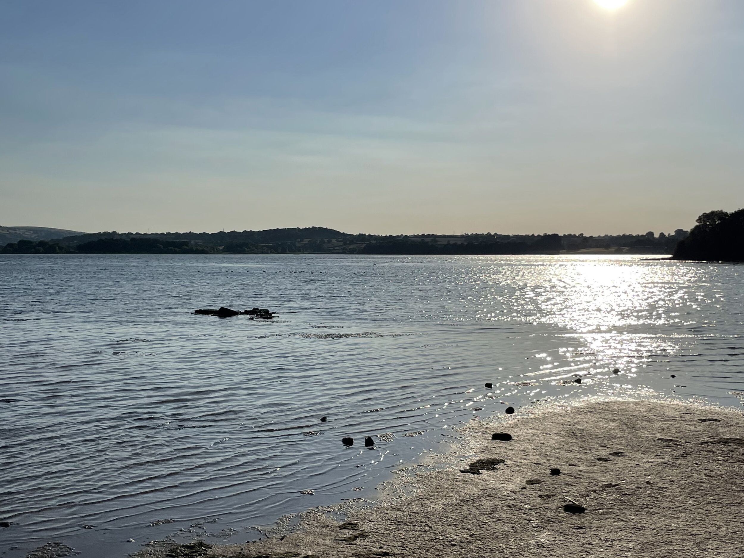 Una playa con agua tranquila, cielo despejado y colinas a lo lejos.