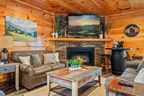 Smart TV, fireplace, video games