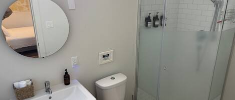 Shower, hair dryer, towels, soap