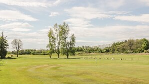 A golf course with a well-maintained green, a flagstick, and a few trees. - King's Apartment (Castle Douglas)