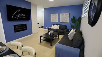 Smart TV, fireplace, books