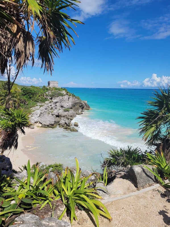 Beach nearby, sun-loungers, beach towels