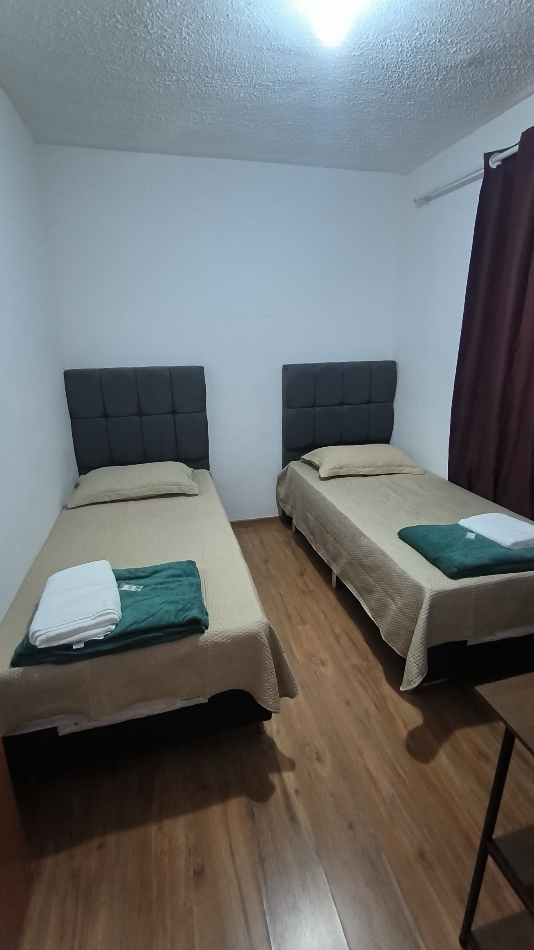 A room with two single beds, each with a headboard and a pillow.