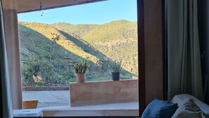 Ein Zimmer mit einem Bett, einem Fenster und zwei Blumentöpfen auf dem Fensterbrett.