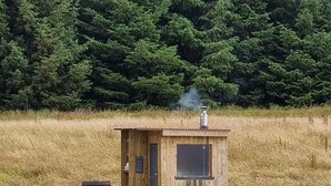 Eine kleine Holzhütte mit Schornstein, umgeben von hohem Gras und Bäumen im Hintergrund.