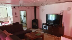 Un salon avec un canapé, une table basse, un téléviseur et une cheminée.