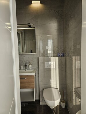 Dusche, Haartrockner, Handtücher, Seife