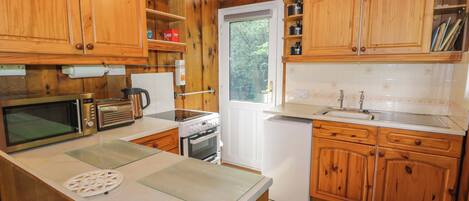 Una cocina compacta con armarios de madera, un microondas, un tostador, una estufa y un lavamanos.