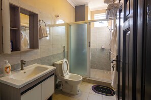 Shower, towels, soap, toilet paper